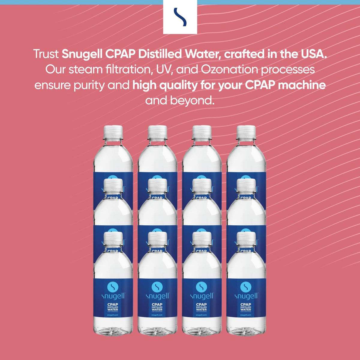 Snugell distilled water bottles next to a standard CPAP humidifier