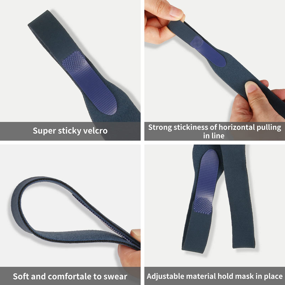 Adjustable hook and loop fastener detail on CPAP head strap
