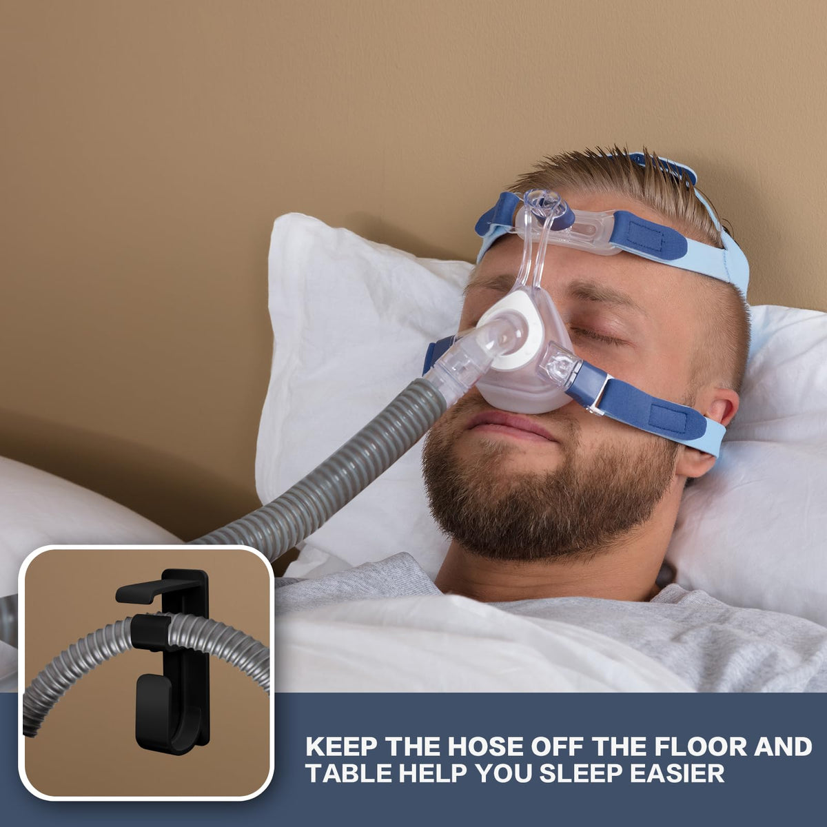 AkioPey CPAP hose hanger mounted on a bed frame