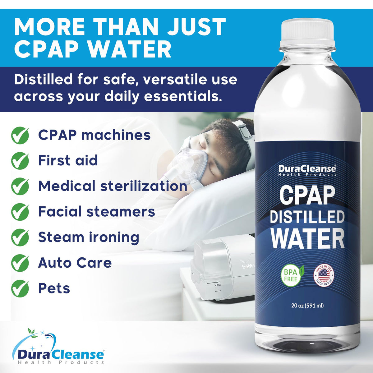 Compact Dura Cleanse distilled water bottles for sleep apnea therapy