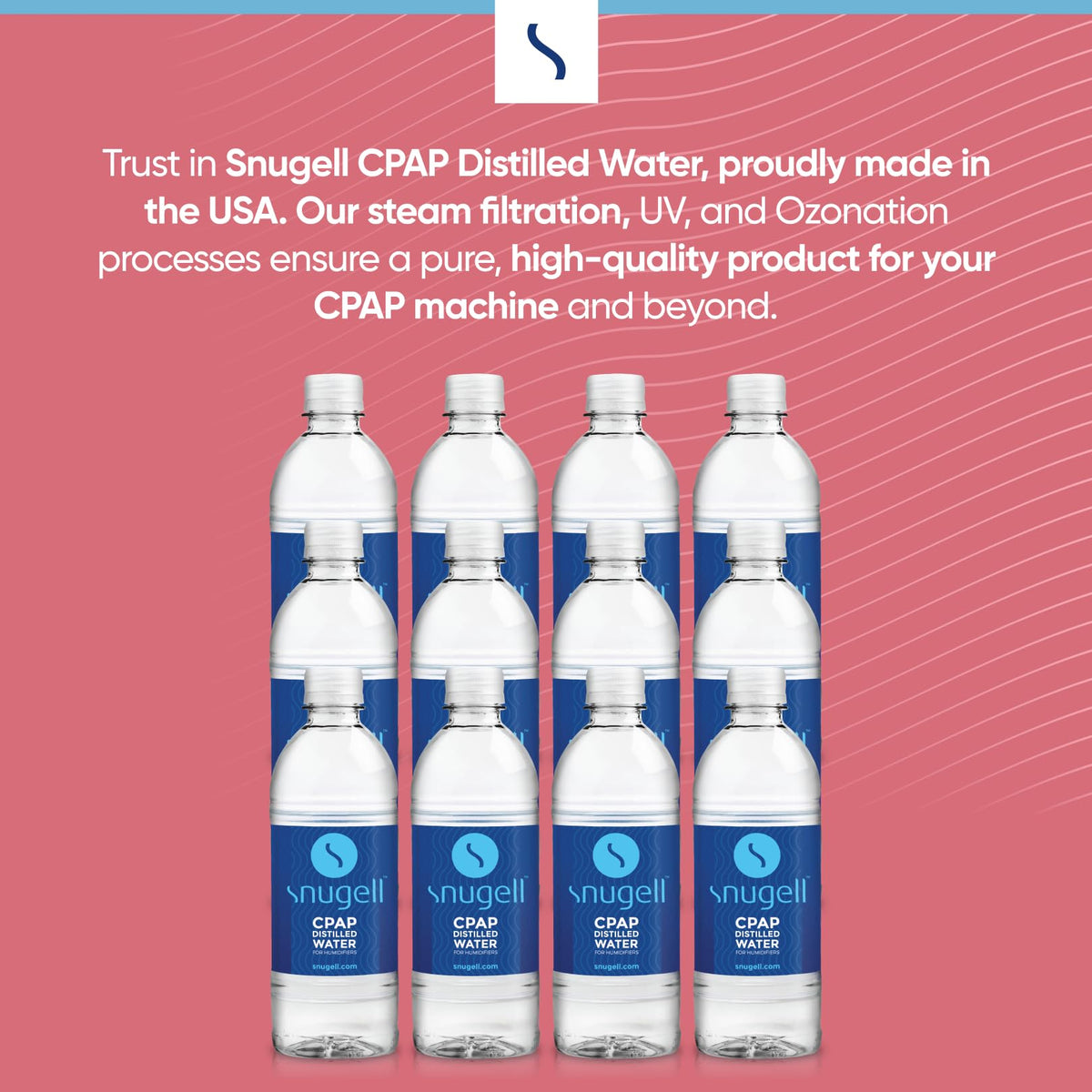 Close up of Snugell distilled water packaging details