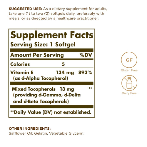 Solgar Vitamin E 134 mg supplement label details and mixed tocopherols fact panel