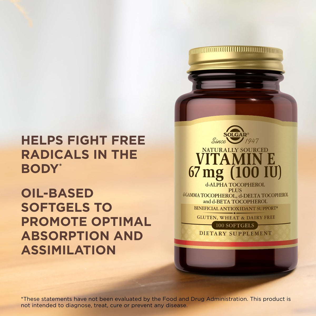 Premium gold label Solgar Vitamin E 100 softgels bottle packaging