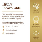 Solgar copper mineral tablets 100 count bottle displaying the vegan and kosher symbols clearly.