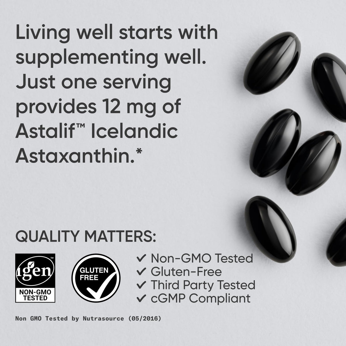 Single red carotenoid softgel capsule from Sports Research Astaxanthin bottle for daily skin and eye support.