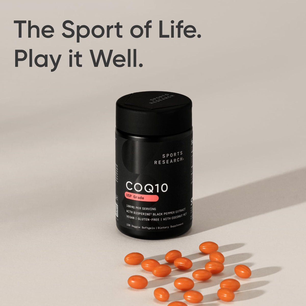 Sports Research coenzyme ubiquinone 100mg 120 veggie softgels container highlighting cellular energy benefits.