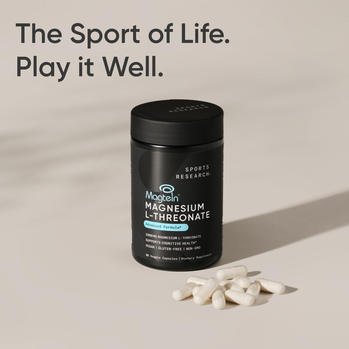 Sports Research Magnesium L Threonate bottle next to wellness icons representing deep sleep