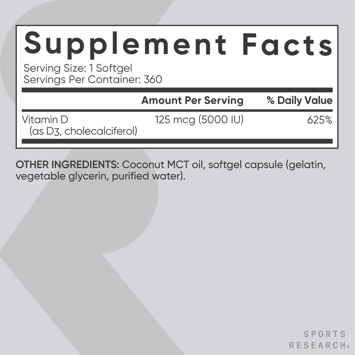 Authentic USA imported Sports Research vitamin D3 bottle side panel ingredients
