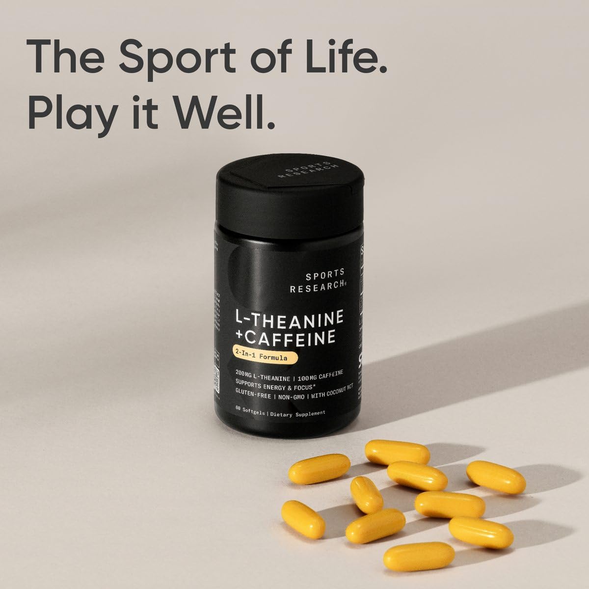 Side view of Sports Research sixty softgels bottle containing organic caffeine