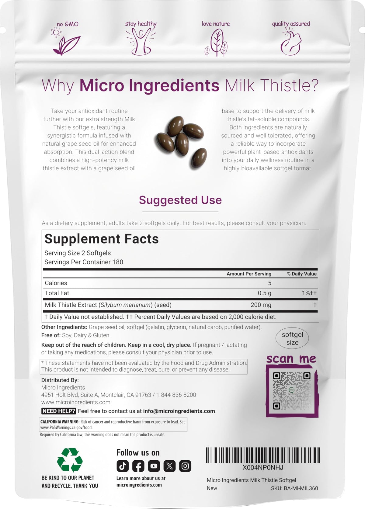 Micro Ingredients Milk Thistle extract with grape seed oil packaging showing serving facts.
