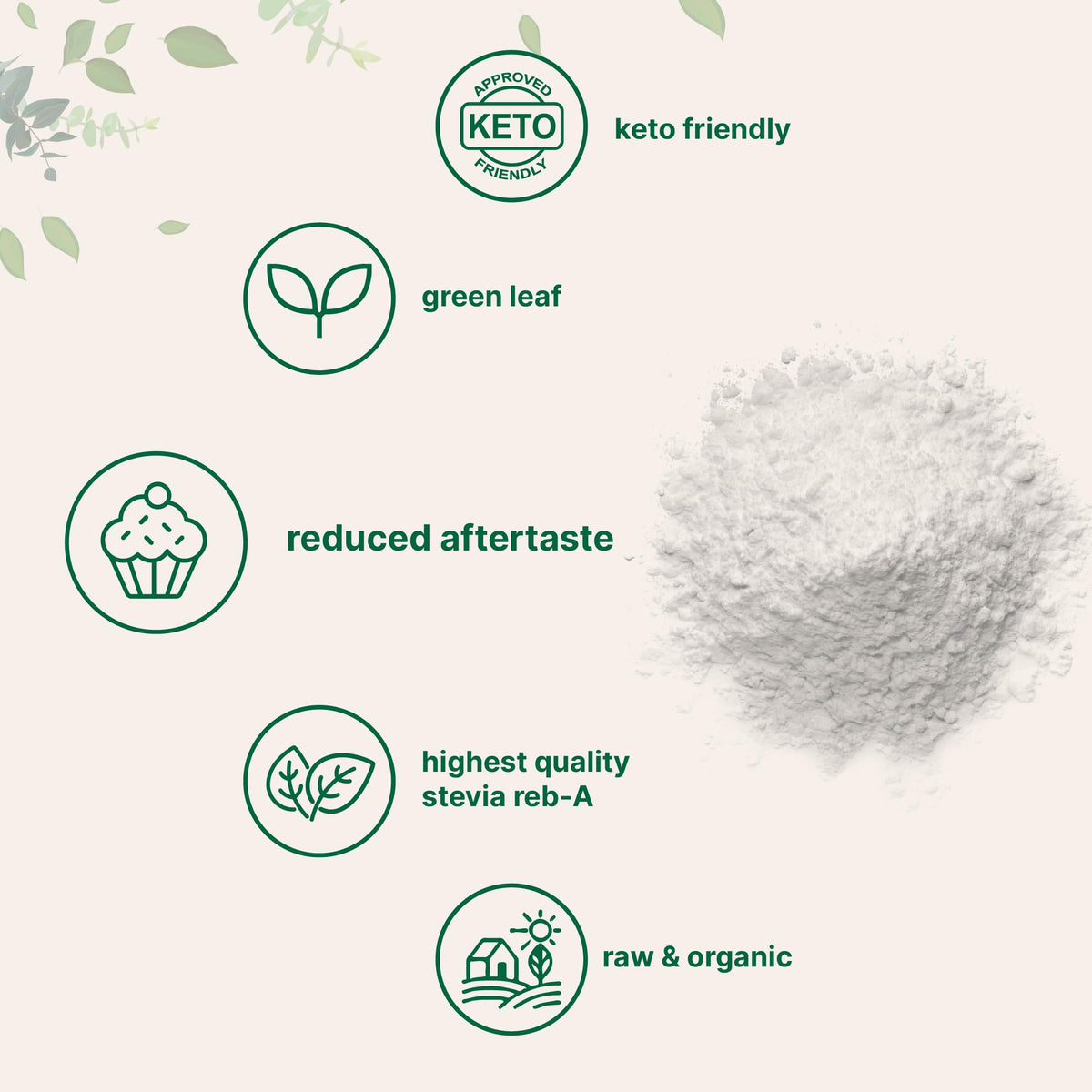 Organic stevia green leaf extract Reb-A powder nutrition facts label