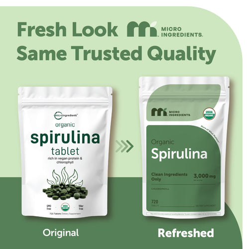 Micro Ingredients Spirulina 3000mg serving size and vegan protein nutritional facts label