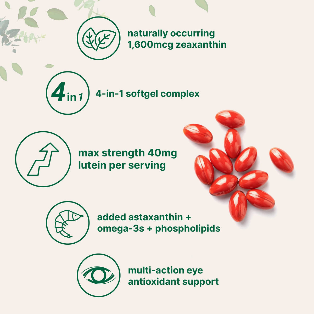 Supplement facts label showing lutein zeaxanthin astaxanthin and omega 3 ingredients