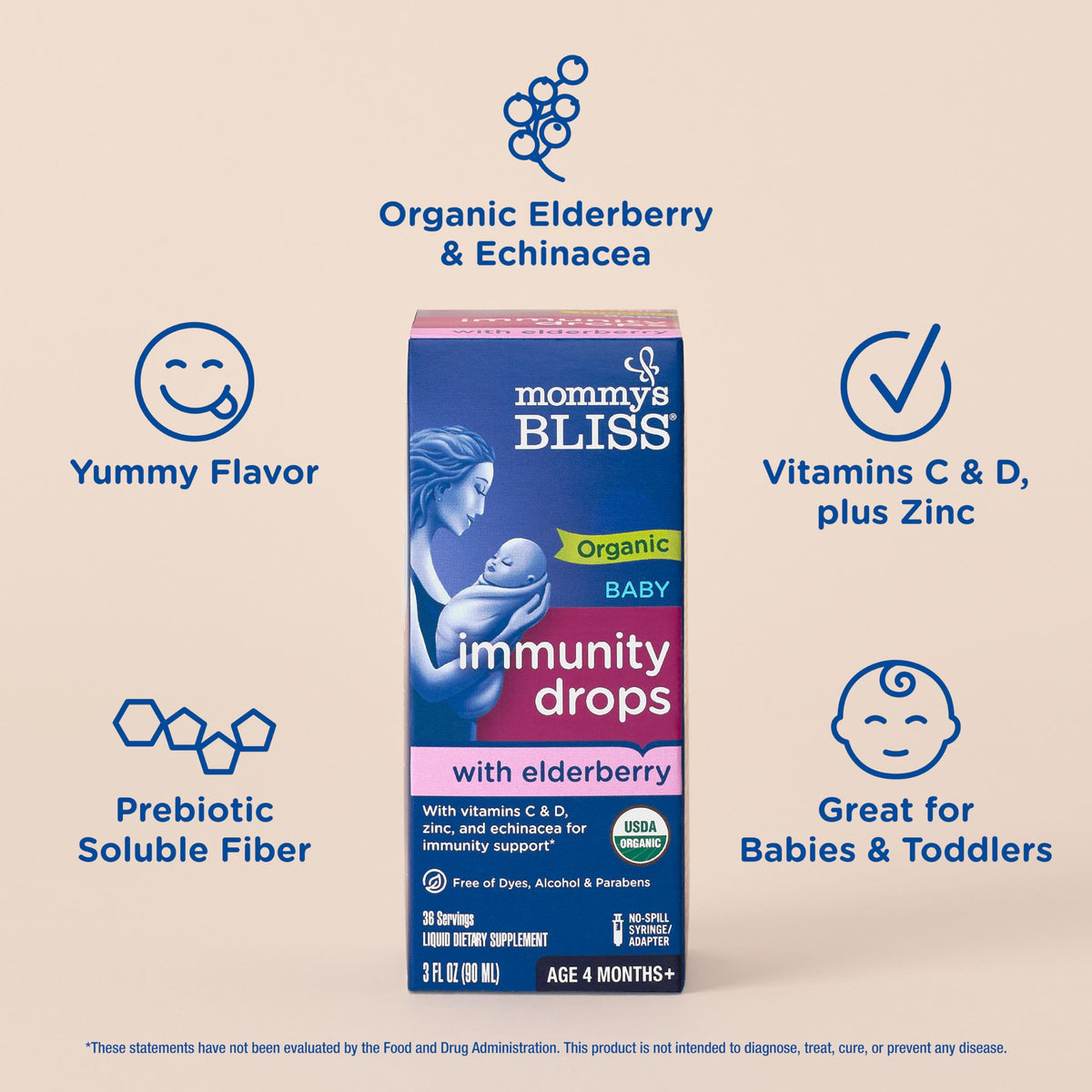 Close up of the no spill syringe adapter on the dark blue glass bottle of Mommy's Bliss elderberry liquid supplement