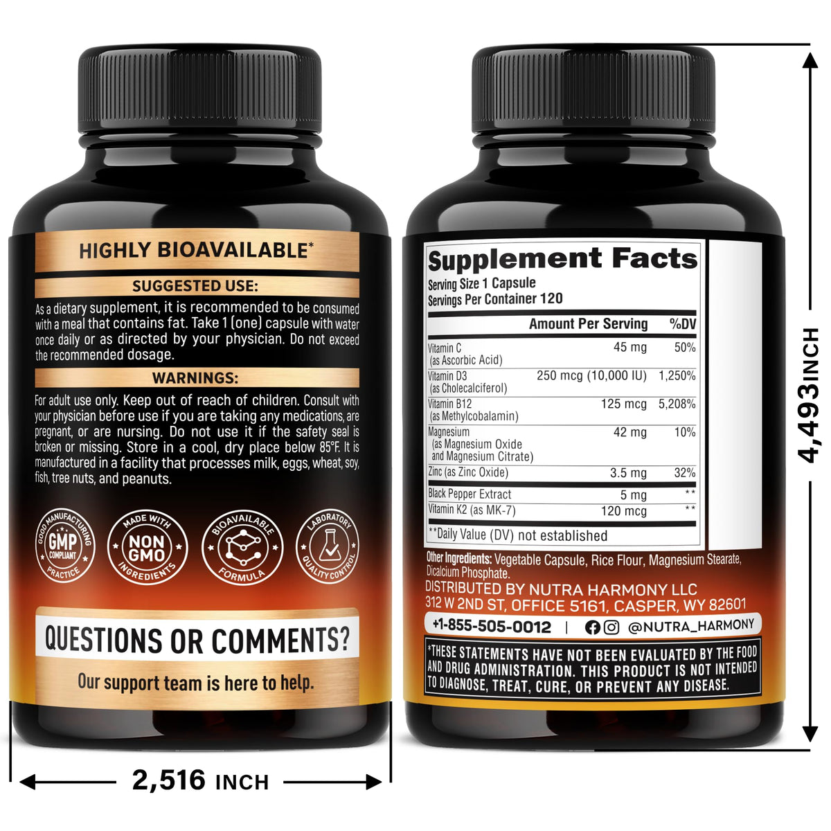 Nutraharmony Vitamin D3 K2 supplement bottle label details