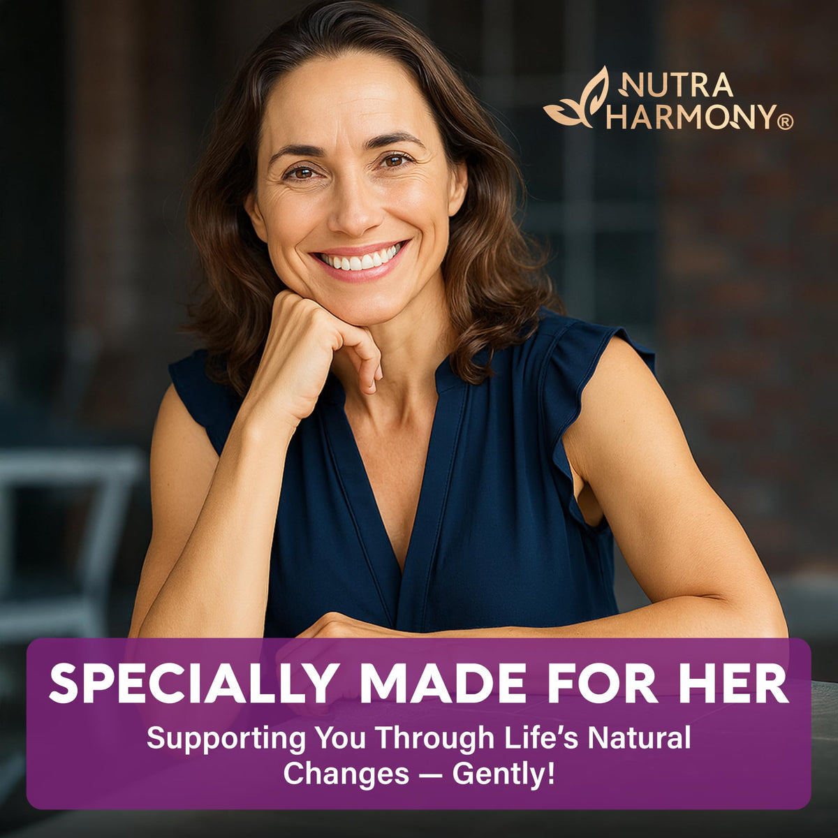 Two capsules of NUTRAHARMONY menopause supplement displayed next to the bottle
