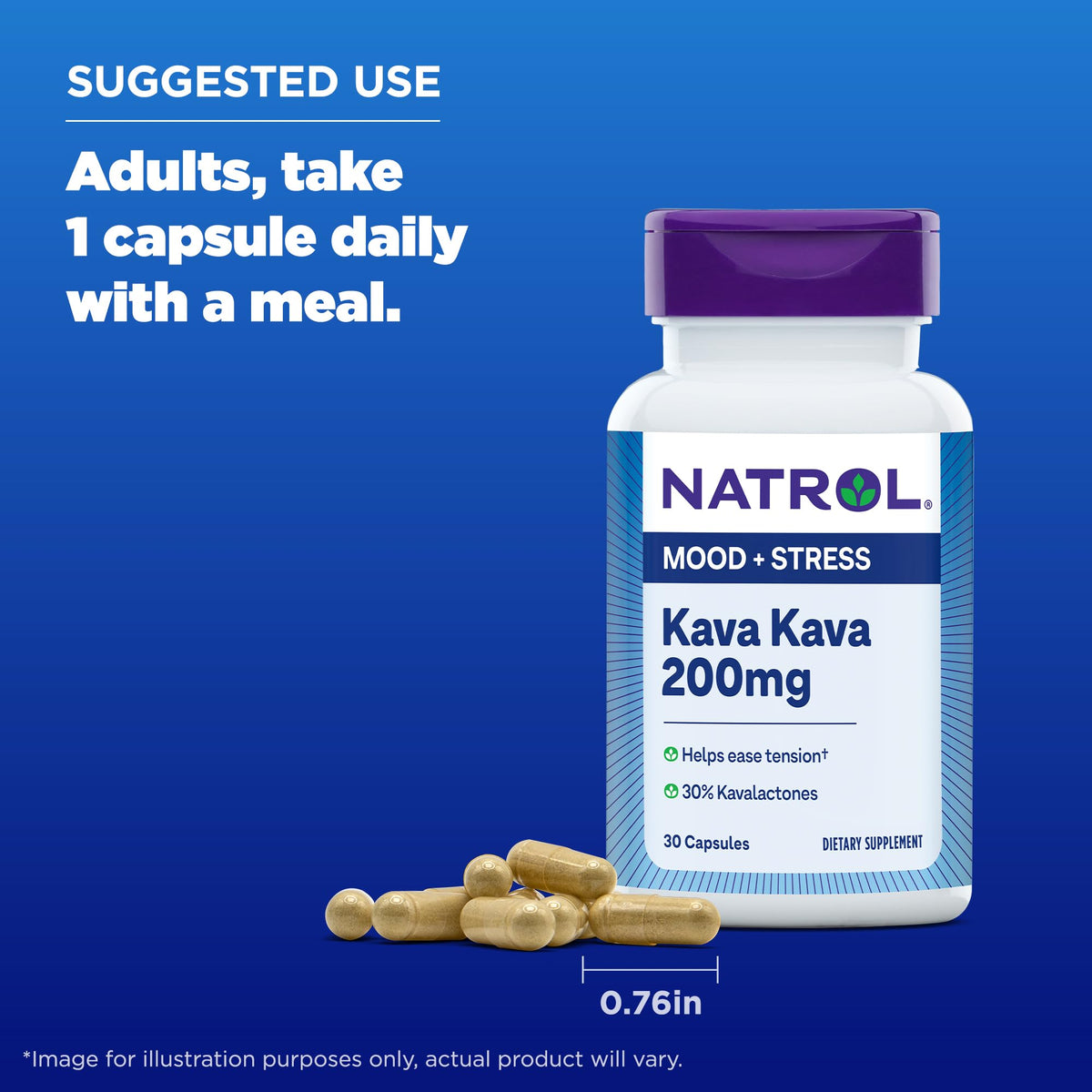 Natrol Mood and Stress herbal supplement containing 200mg of Kava Kava per serving for daily calmness