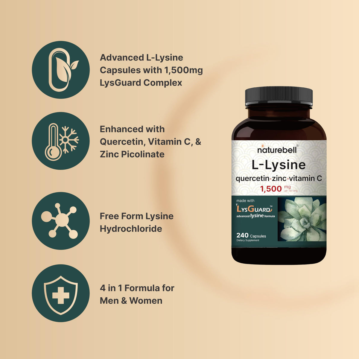 NatureBell L Lysine with Quercetin 240 capsules container side profile