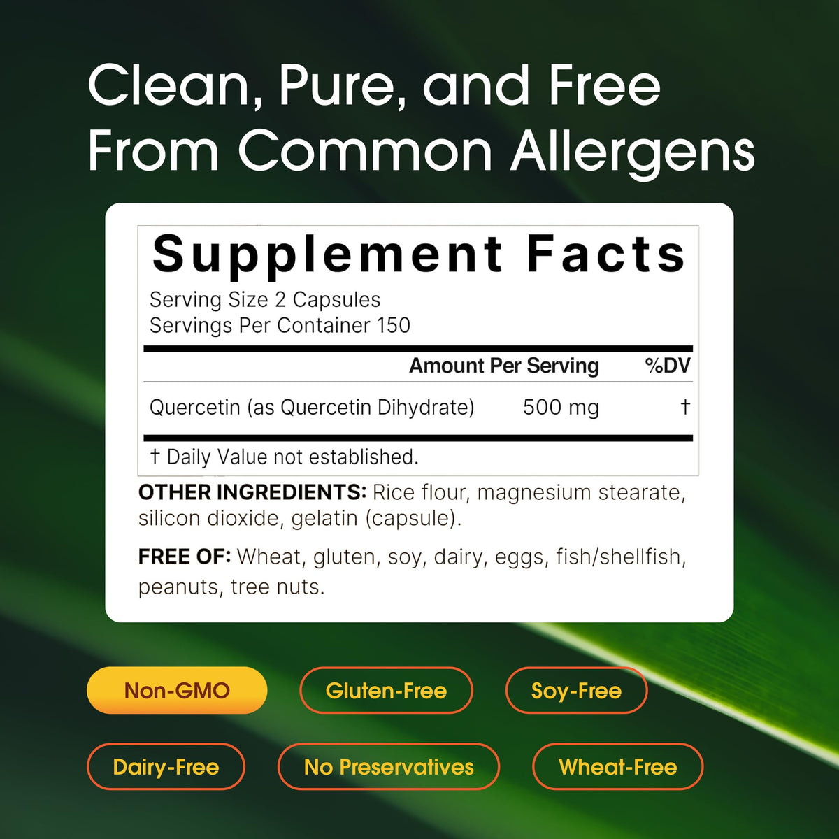 Side view of ultra strength quercetin dihydrate capsules packaging highlighting purity standards