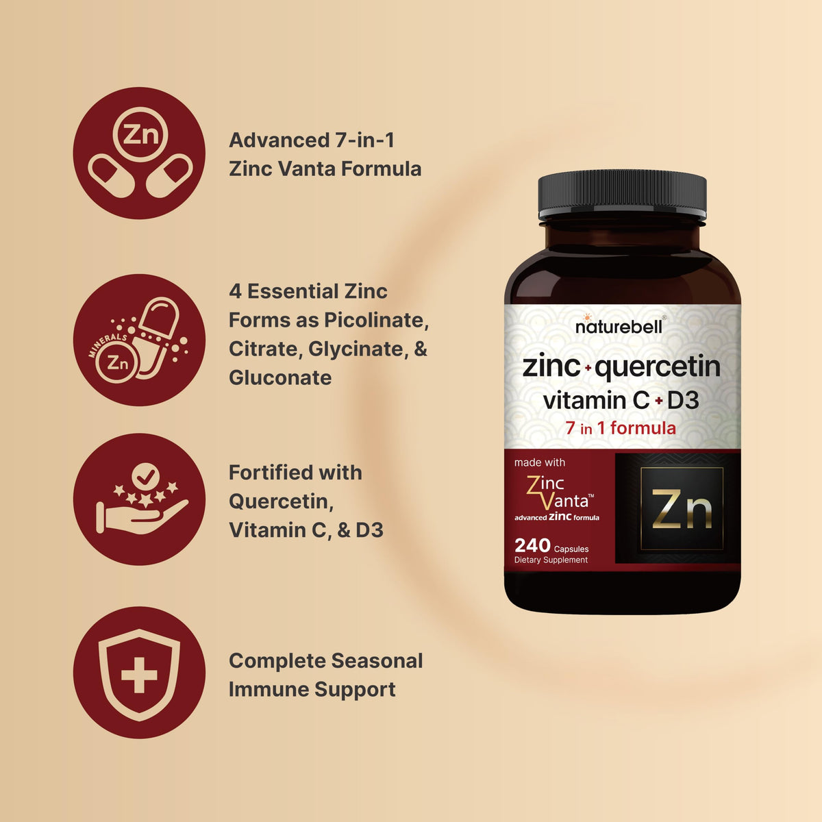 NatureBell ZincVanta formula with vitamin c and vitamin d3 dietary ingredients