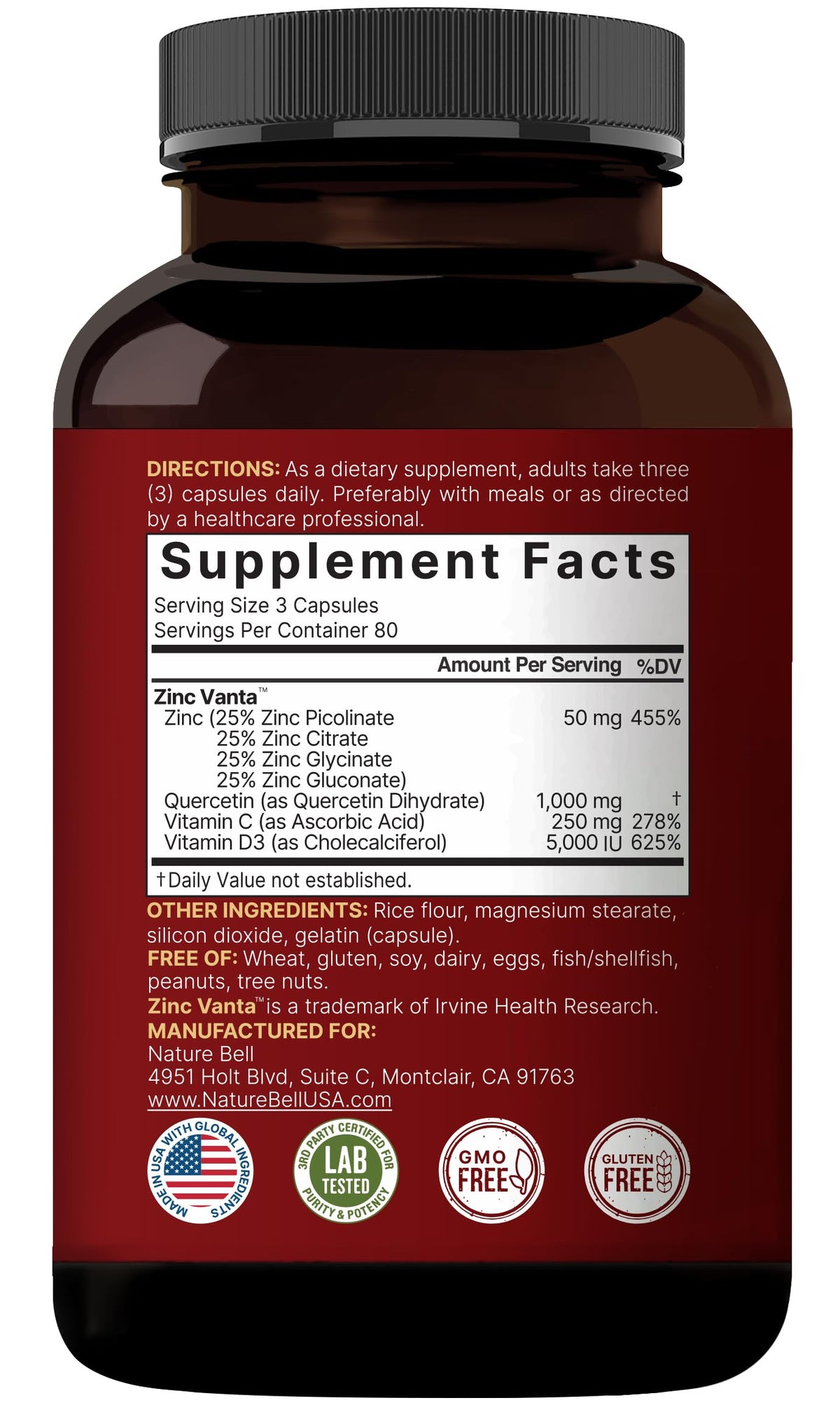 NatureBell zinc complex and quercetin dietary wellness capsules daily dosage details