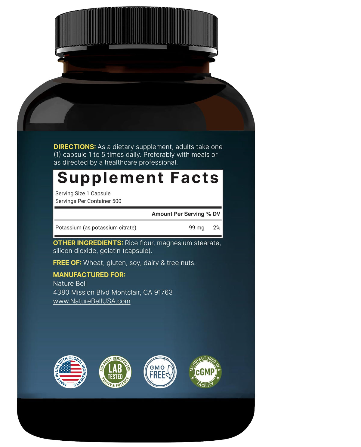 NatureBell Potassium Citrate 99mg unboxing display showing the tamper-evident sealed cap for authentic quality assurance