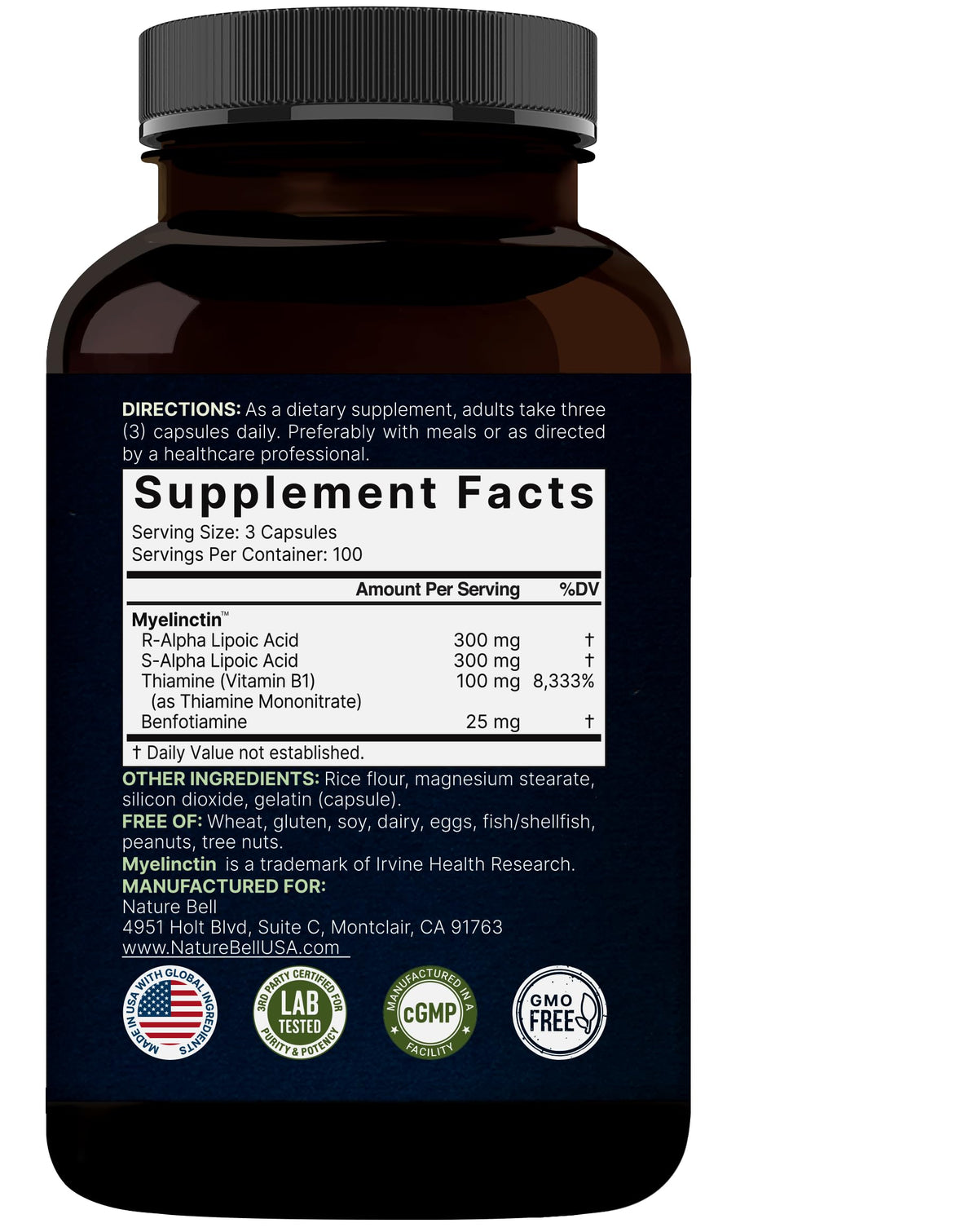 Back label of NatureBell universal antioxidant complex capsules clarifying the 100-day supply usage guidelines
