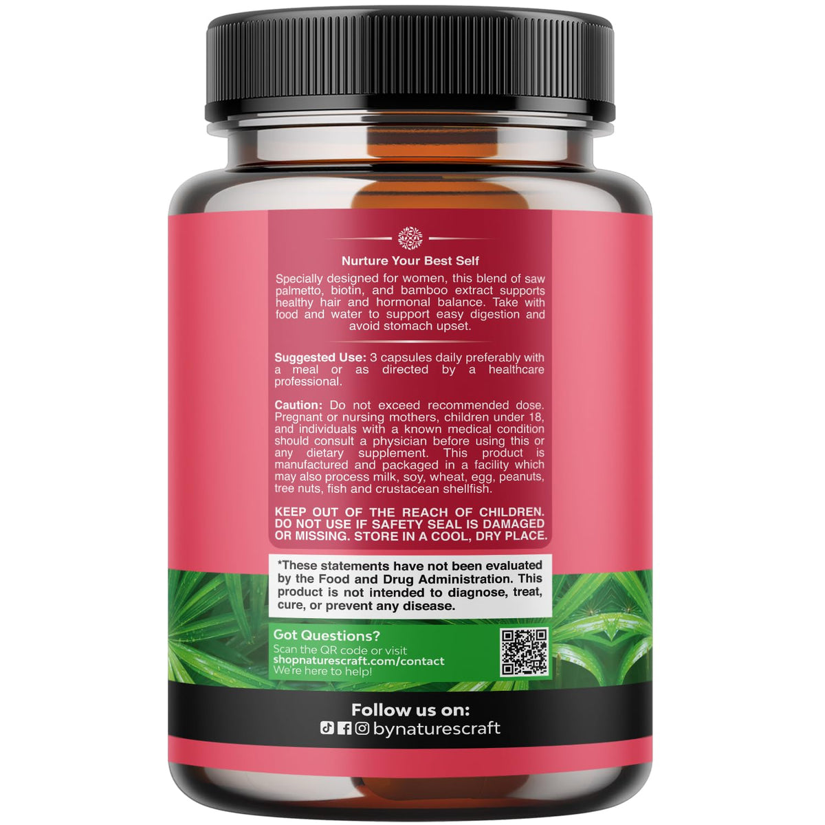 Nature's Craft Saw Palmetto supplement container highlighting the 500mg dosage and key ingredients list.