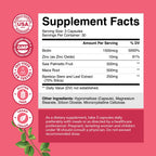 Supplement facts label on Nature's Craft women's hair vitamins displaying biotin and maca root values.