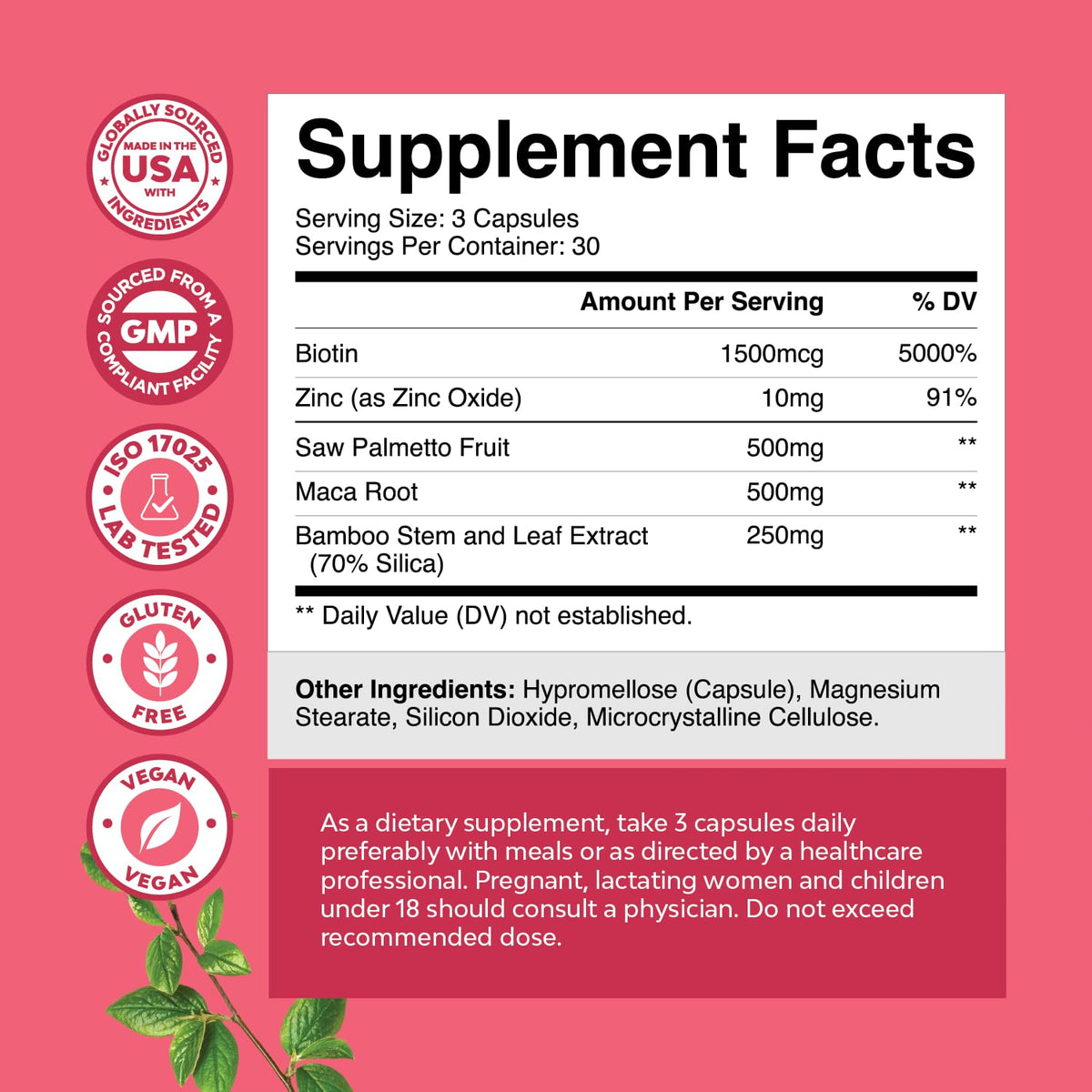 Supplement facts label on Nature's Craft women's hair vitamins displaying biotin and maca root values.