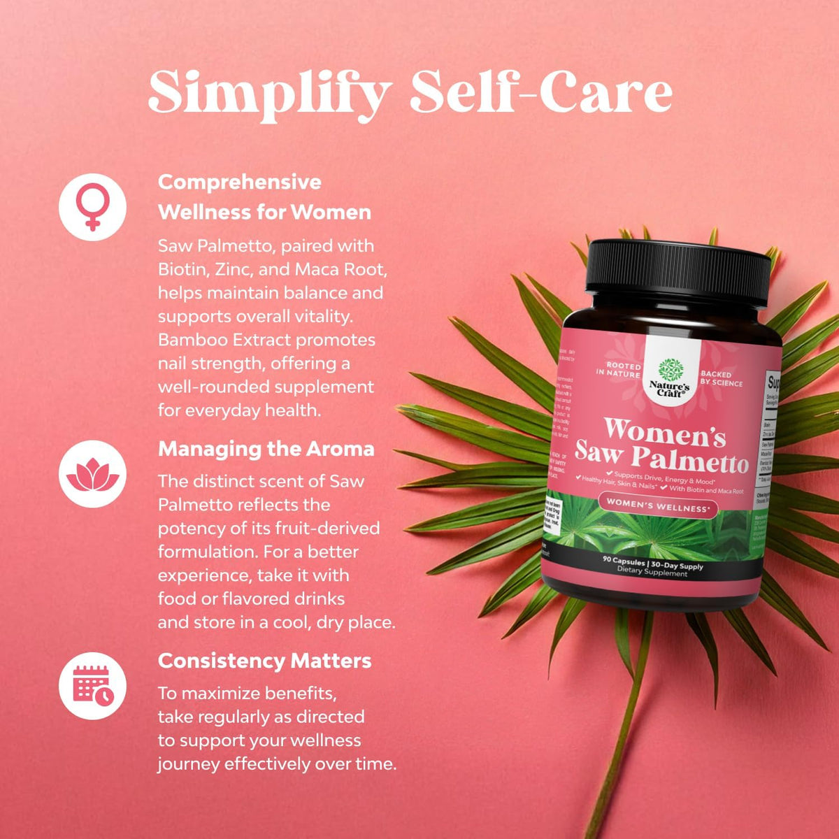 Authentic USA imported Nature's Craft dietary supplement capsules for female hormonal hair loss support.