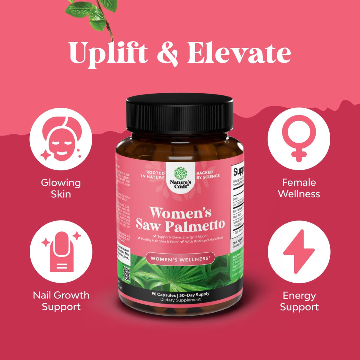 Close up of Nature's Craft Saw Palmetto for Women packaging demonstrating authentic manufacturing standards.