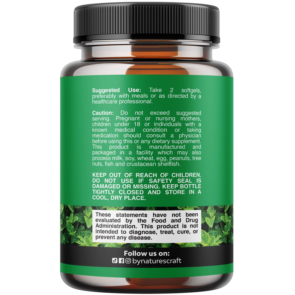 Natures Craft wild oregano oil capsules supplement facts label detailing seventy percent carvacrol potency