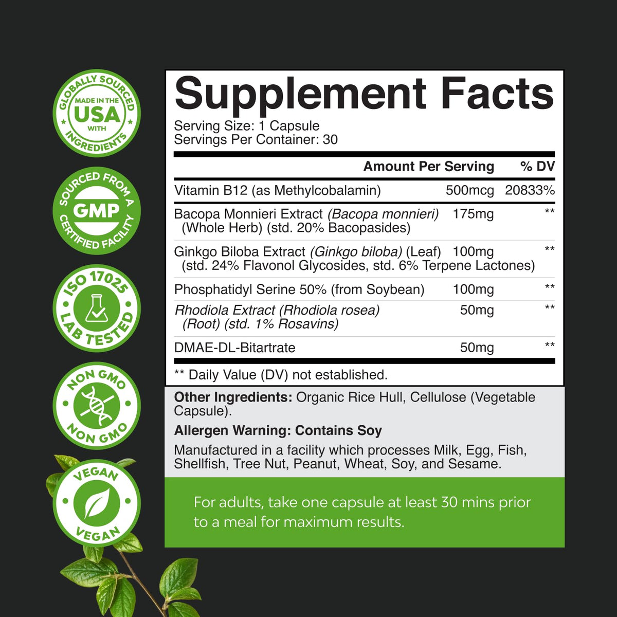 Imported Natures Craft memory pills for brain boost showing supplement directions and warnings