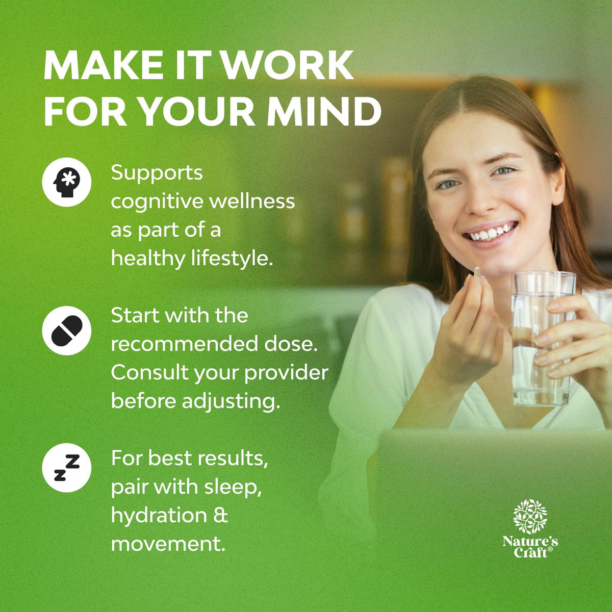 Authentic USA nootropic supplement bottle by Natures Craft for mental clarity and natural energy