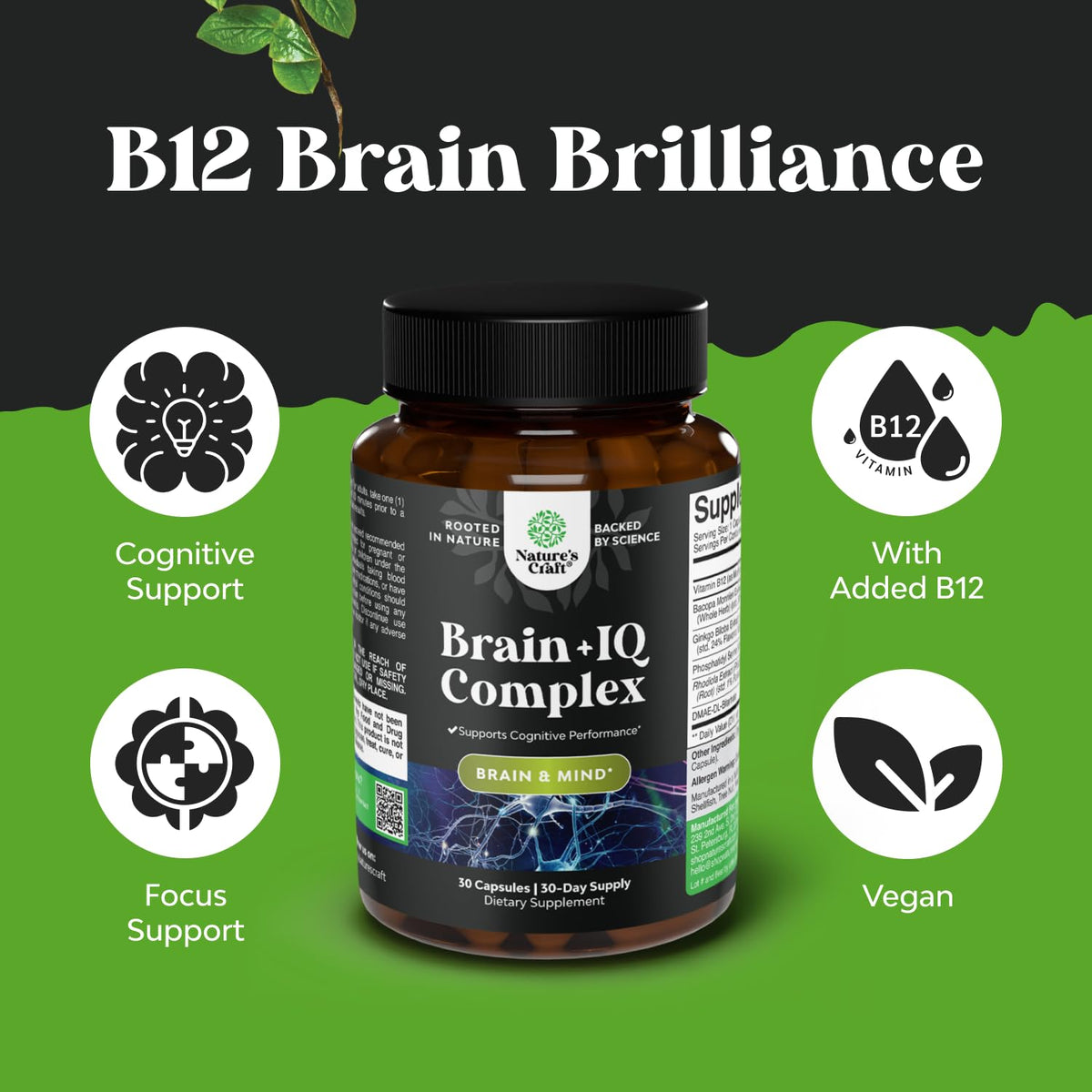 Natures Craft cognitive enhancer capsule container highlighting Bacopa Monnieri and Vitamin B12 ingredients