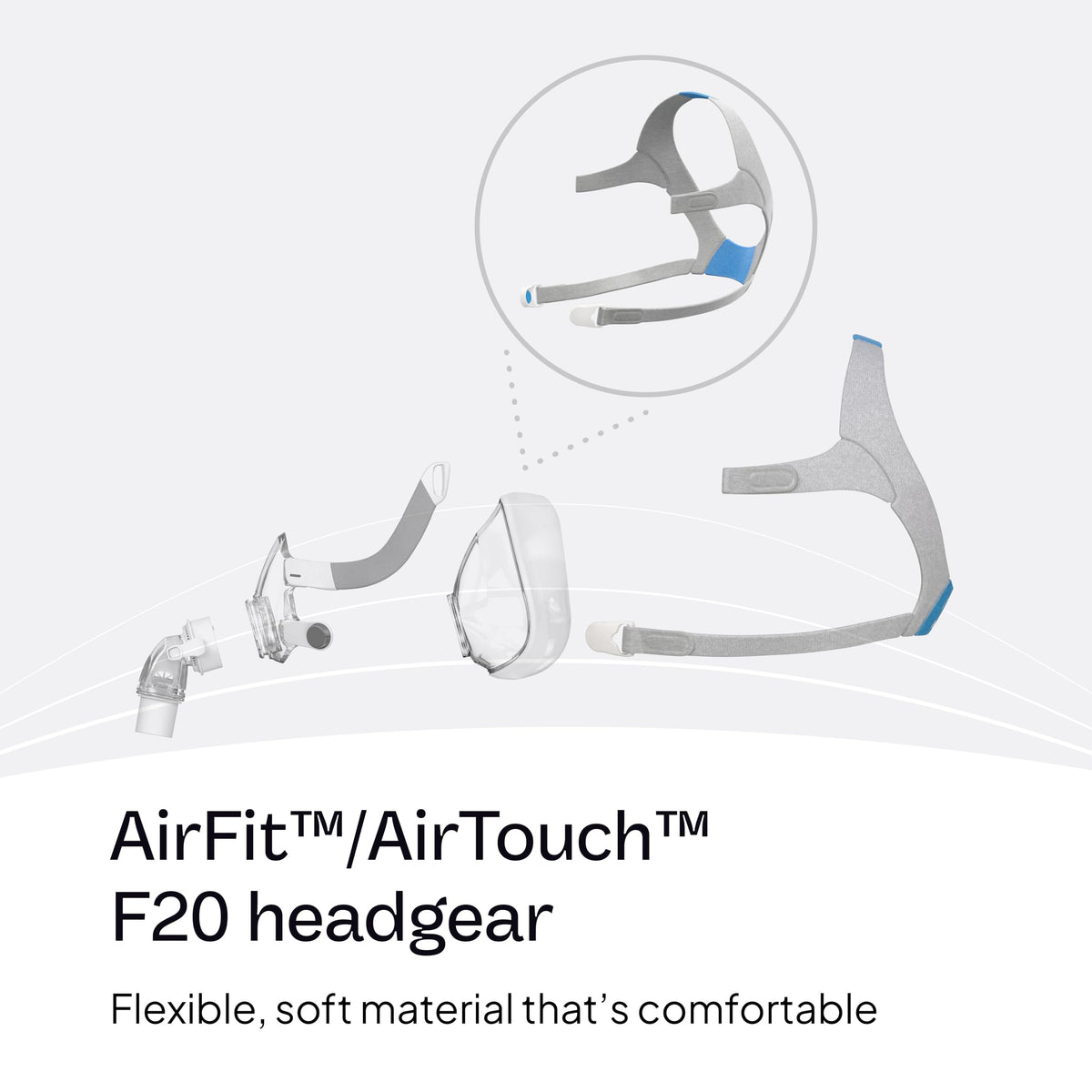 Resmed F20 headgear showing soft fabric texture and magnetic clips