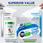 Dura Cleanse CPAP wipes packaging showing 150 count and 6 travel sheets