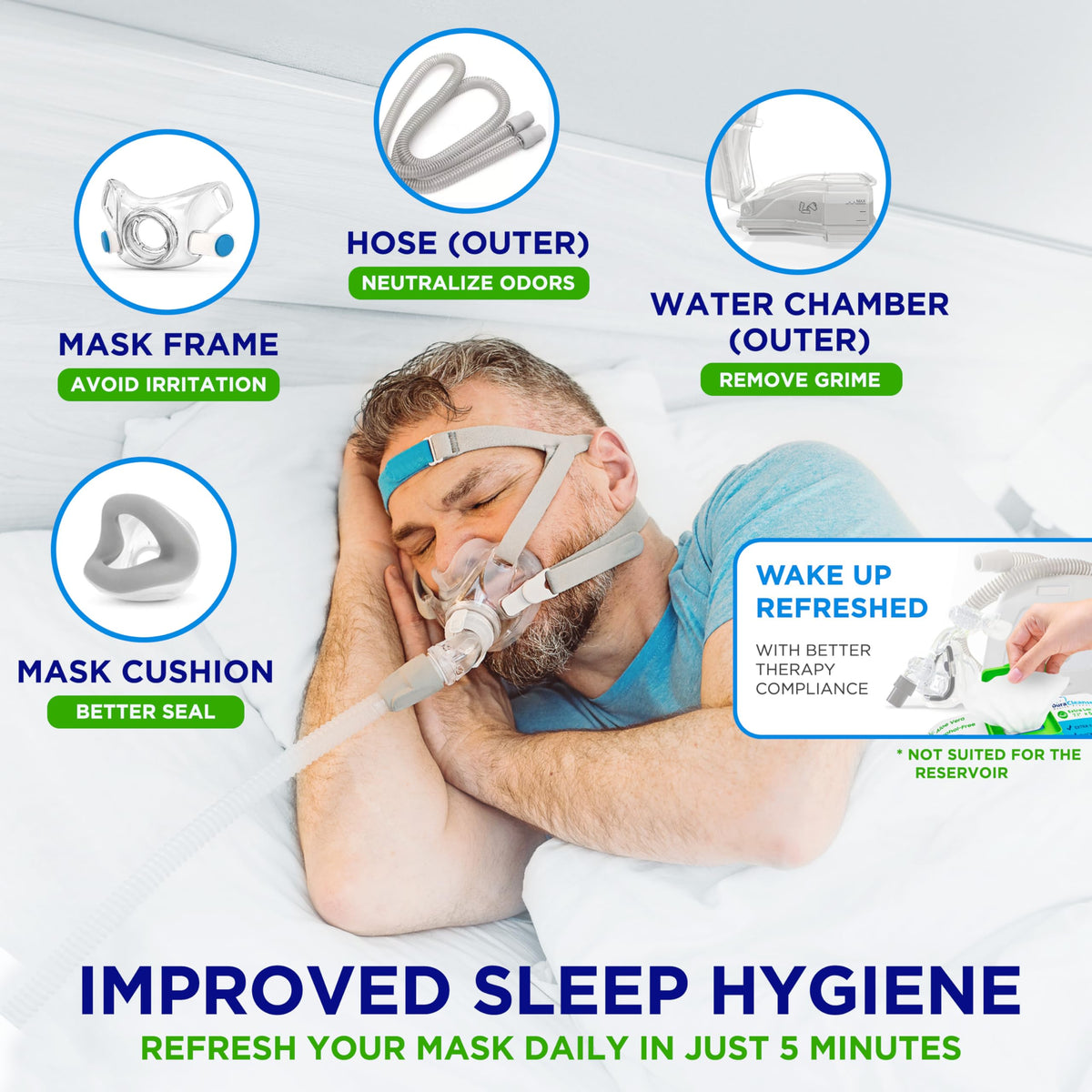 Close up of Dura Cleanse alcohol-free CPAP mask cleaning wipes
