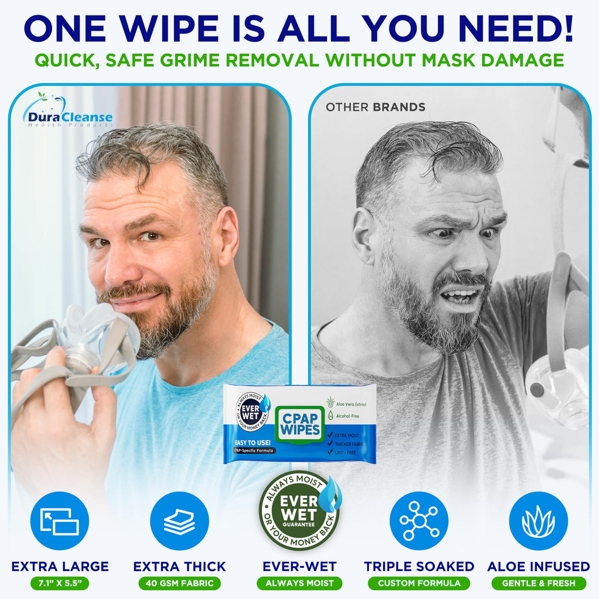 Dura Cleanse CPAP wipes travel size pack and jumbo tub side by side