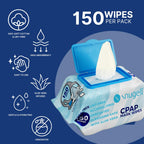 Snugell CPAP mask wipes packaging showing 150 count