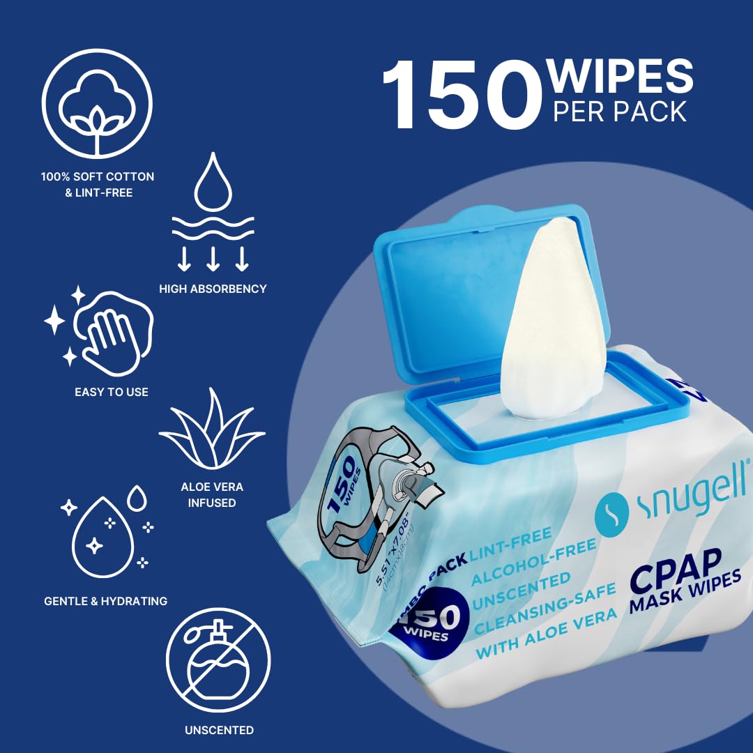 Snugell CPAP mask wipes packaging showing 150 count
