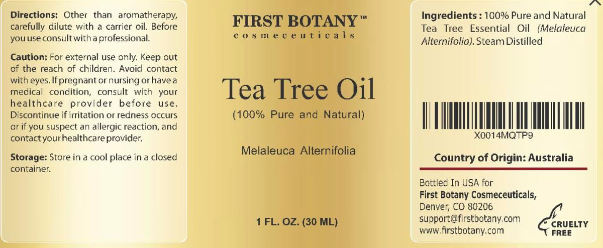 First Botany pure essential oil packaging displaying high terpinen acne care benefits