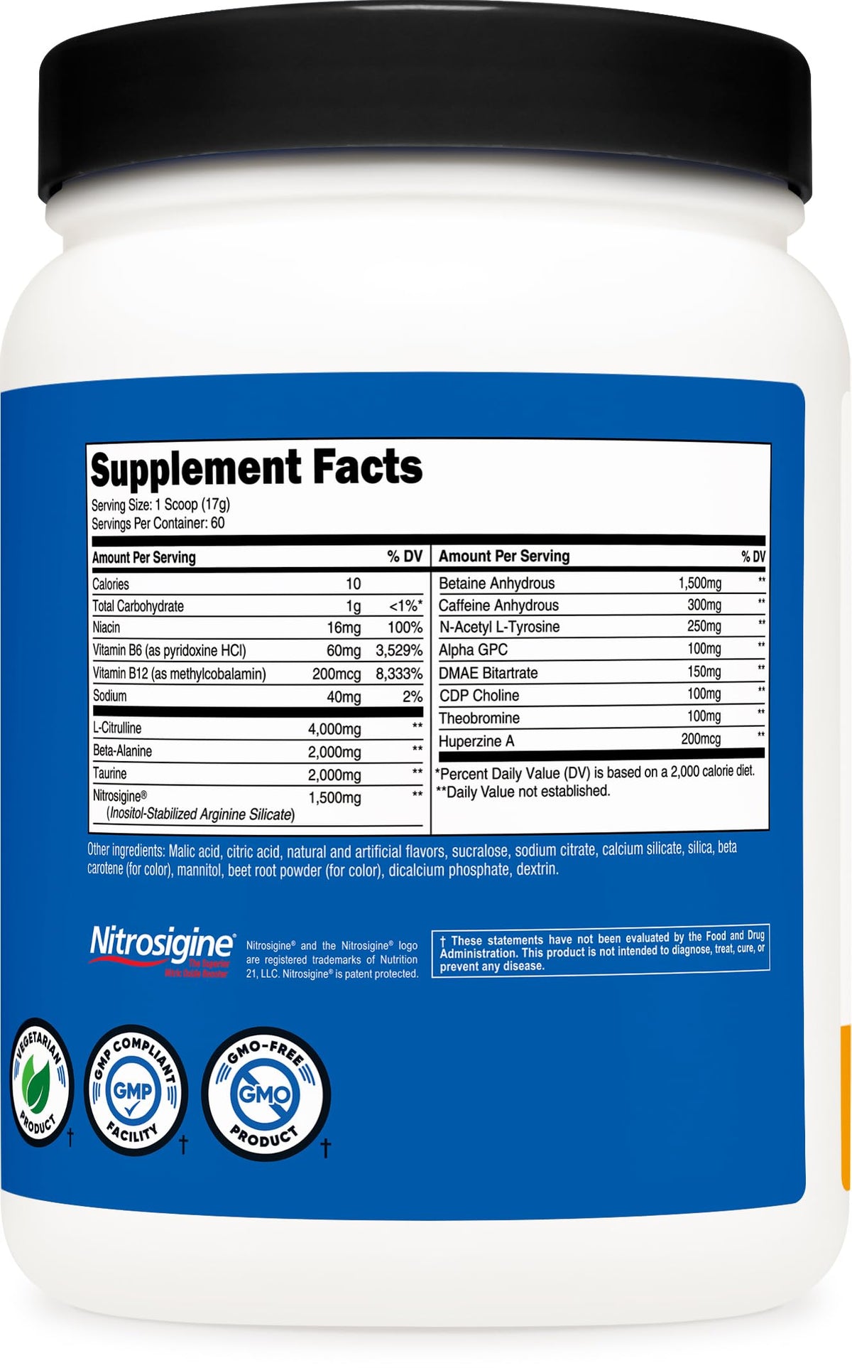 Nutricost imported pre-workout powder tub side view