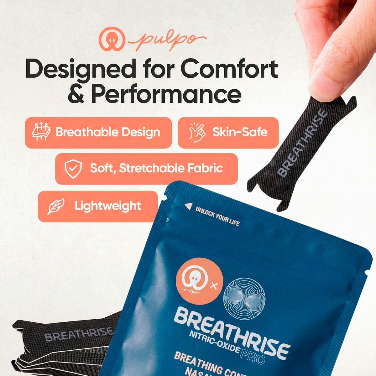 Side view of Pulpo Breathrise flexible adhesive strip for clear airways