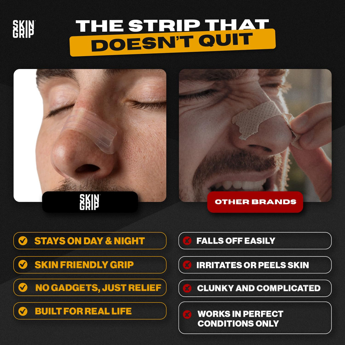 Skin Grip drug free anti snoring nose tape packaging showing clear material