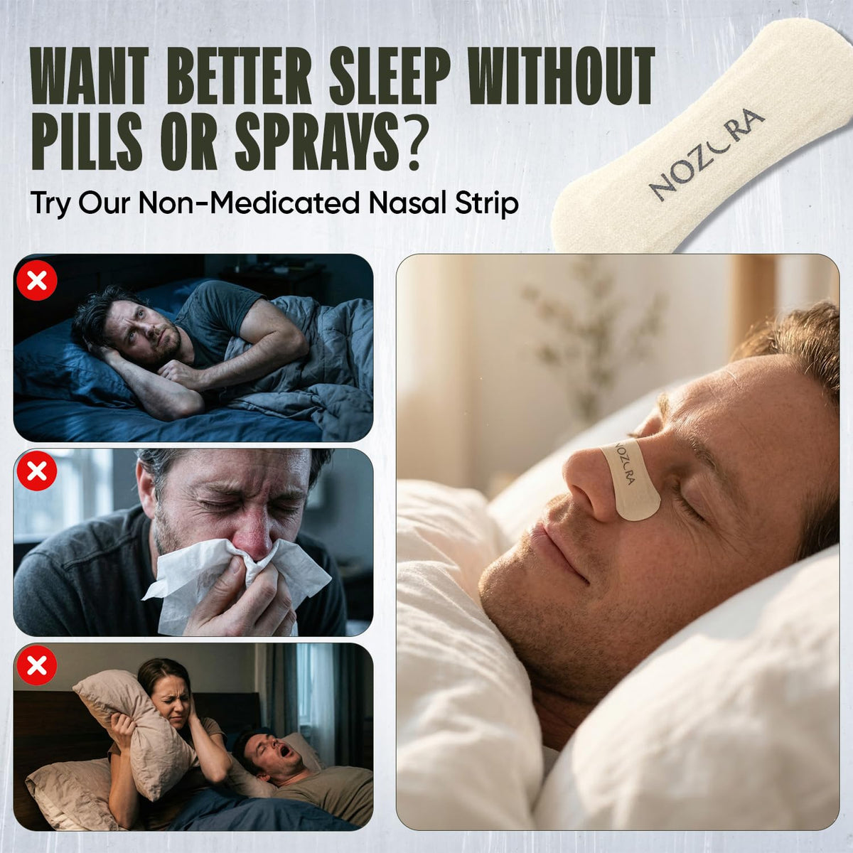 Hypoallergenic unscented nose strip placement diagram for sensitive sleep breathing relief.