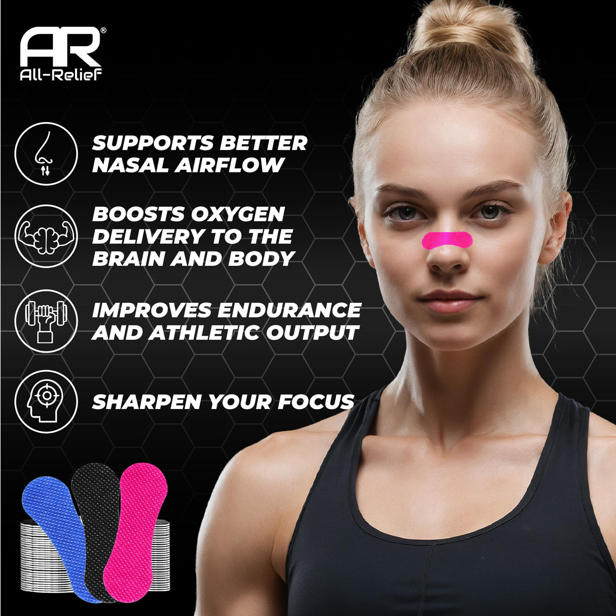 Model wearing a pink All-Relief breathing strip on the nose bridge for sleeping