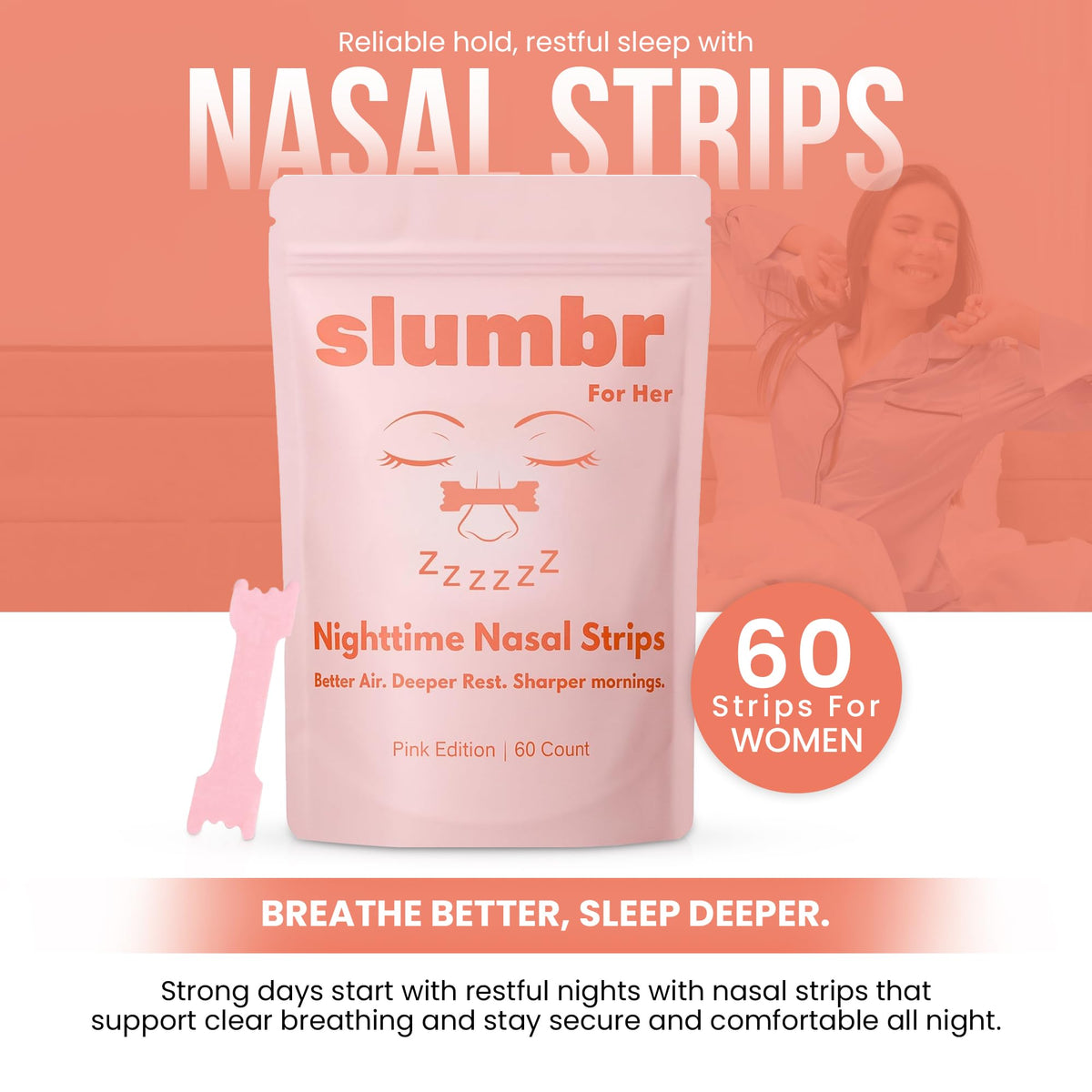 Slumbr pink nighttime nasal strips being applied to a female nose bridge for snoring relief.