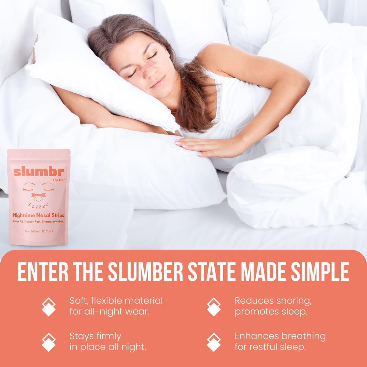 Side profile demonstration of slumbr slim fit nasal strips opening airways to improve nighttime breathing.